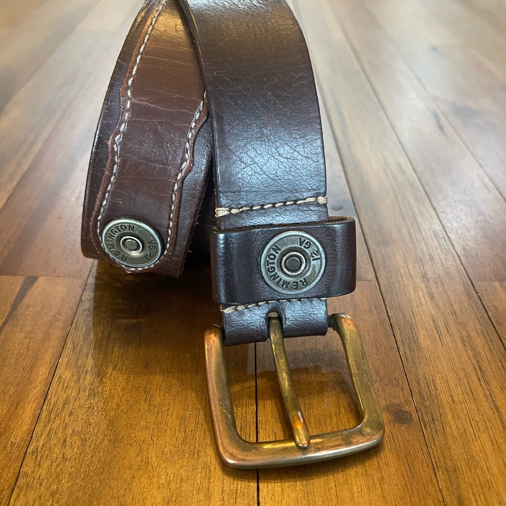 Vintage Remington Dark Brown Leather Belt with Brass Buckle